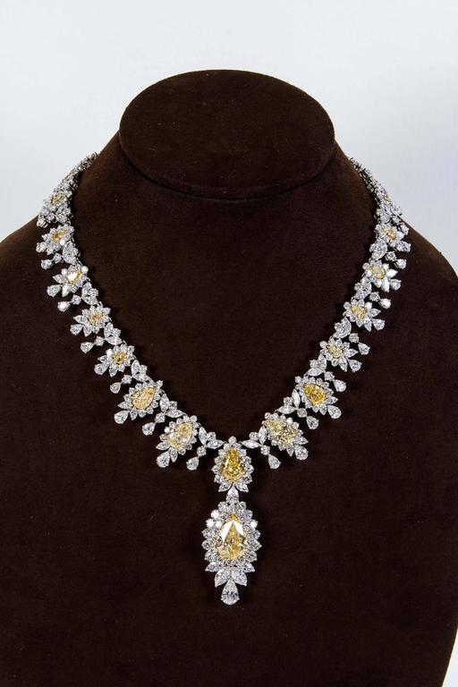 Fancy Yellow and White Diamond Drop Necklace 18k Gold Platinum
