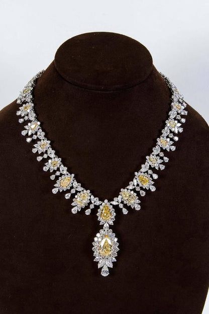 Fancy Yellow and White Diamond Drop Necklace 18k Gold Platinum