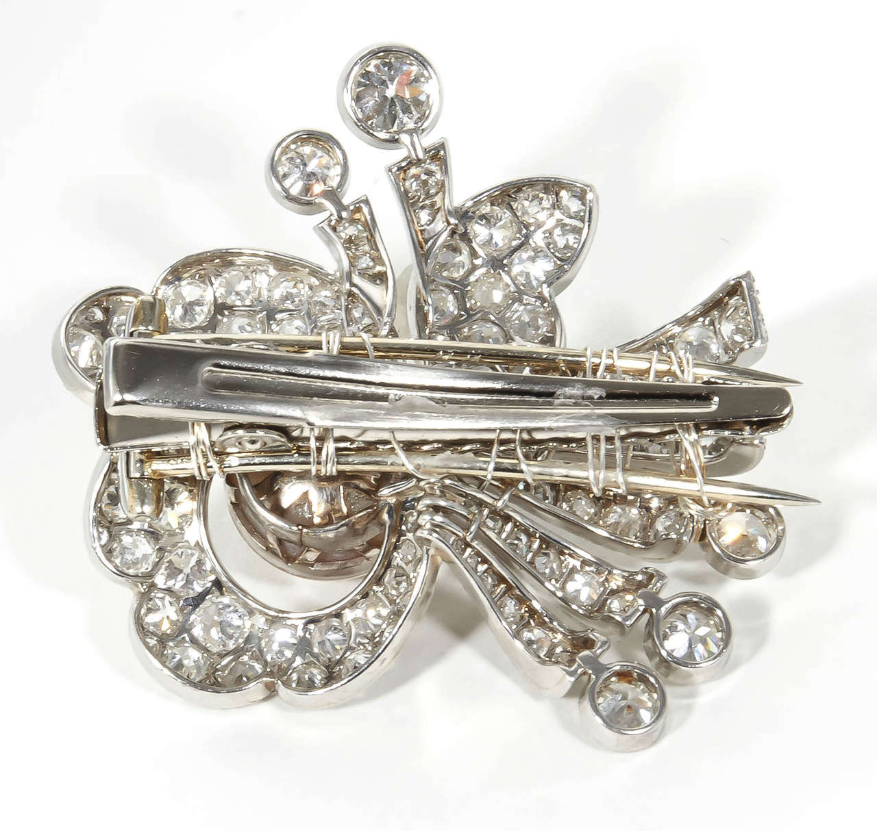 Vintage 1930s Pearl and 8.25 Carat Diamond Platinum Hair Brooch