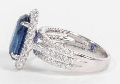 Certified 6.47 Carat Royal Blue Sapphire Oval Diamond Halo Ring
