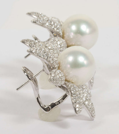18k White Gold South Sea Pearl and Diamond Lever-Back Earrings