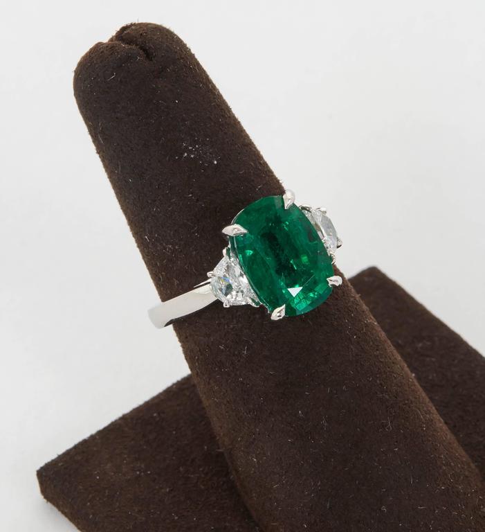 Fine 4.21 Carat GIA Emerald Diamond Platinum Three Stone Ring