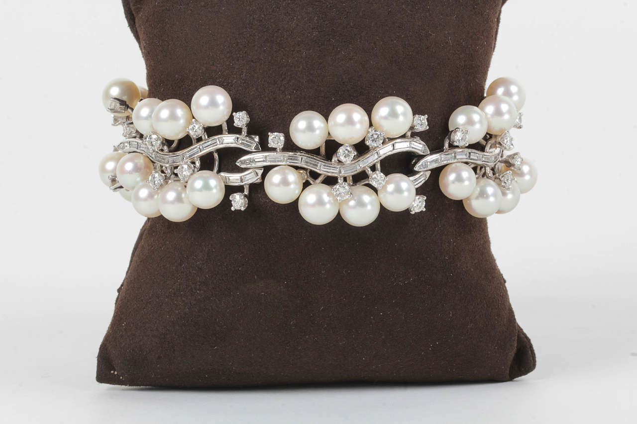 Rare Mid-Century Pearl Diamond Platinum Link Bracelet