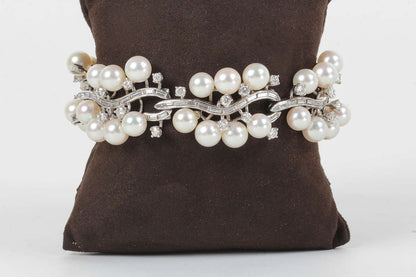 Rare Mid-Century Pearl Diamond Platinum Link Bracelet