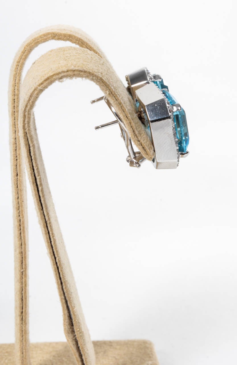 Stunning Blue Topaz Asscher Cut Diamond 18k White Gold Earrings