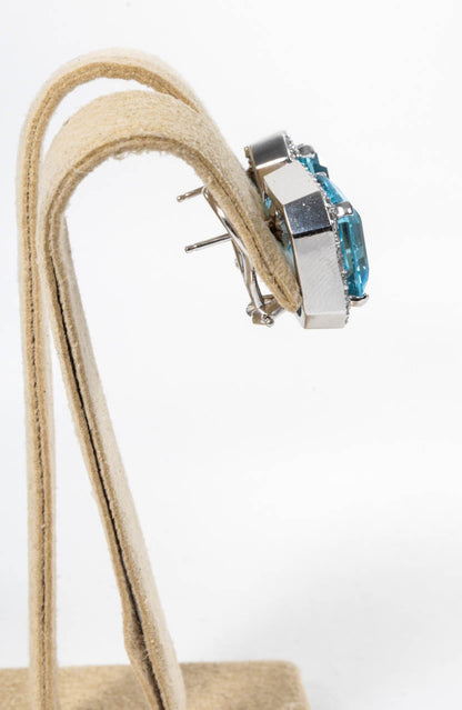 Stunning Blue Topaz Asscher Cut Diamond 18k White Gold Earrings