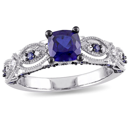 Women'S 1 5/8 CT. Created Blue Sapphire and Diamond Engagement Ring in 10Kt White Gold