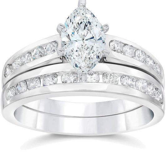 Pompeii 2 Carat Marquise Diamond Engagement Wedding Ring Set White Gold 14Karat (G/H,I1)