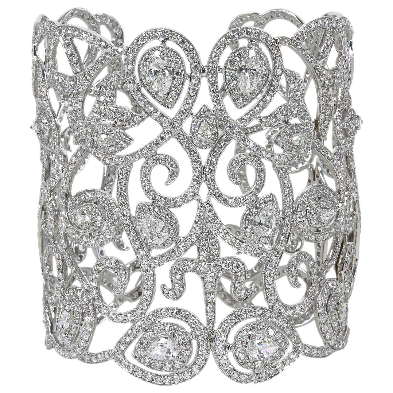 Magnificent 29.40 Carat Diamond 18k White Gold Wide Cuff Bracelet