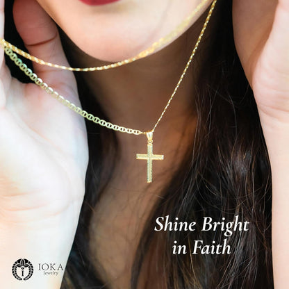 14K Yellow Solid Gold Cross Pendant for Men or Women in Two Sizes – 14 Karat Small Jesus Charm for Necklace or Chain – Thin Crucifix Jewelry Gift for Baptism, Confirmation, Christian, Religious or Everyday Wear