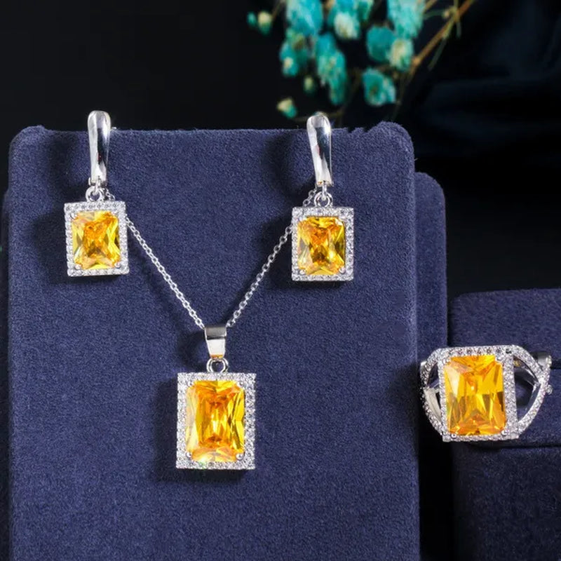 Gloriya Elegant Purple CZ Square Pendant Chain Necklace Earrings and Ring Set Women Fashion Silver Plated Jewellery Sets for Best Gifts