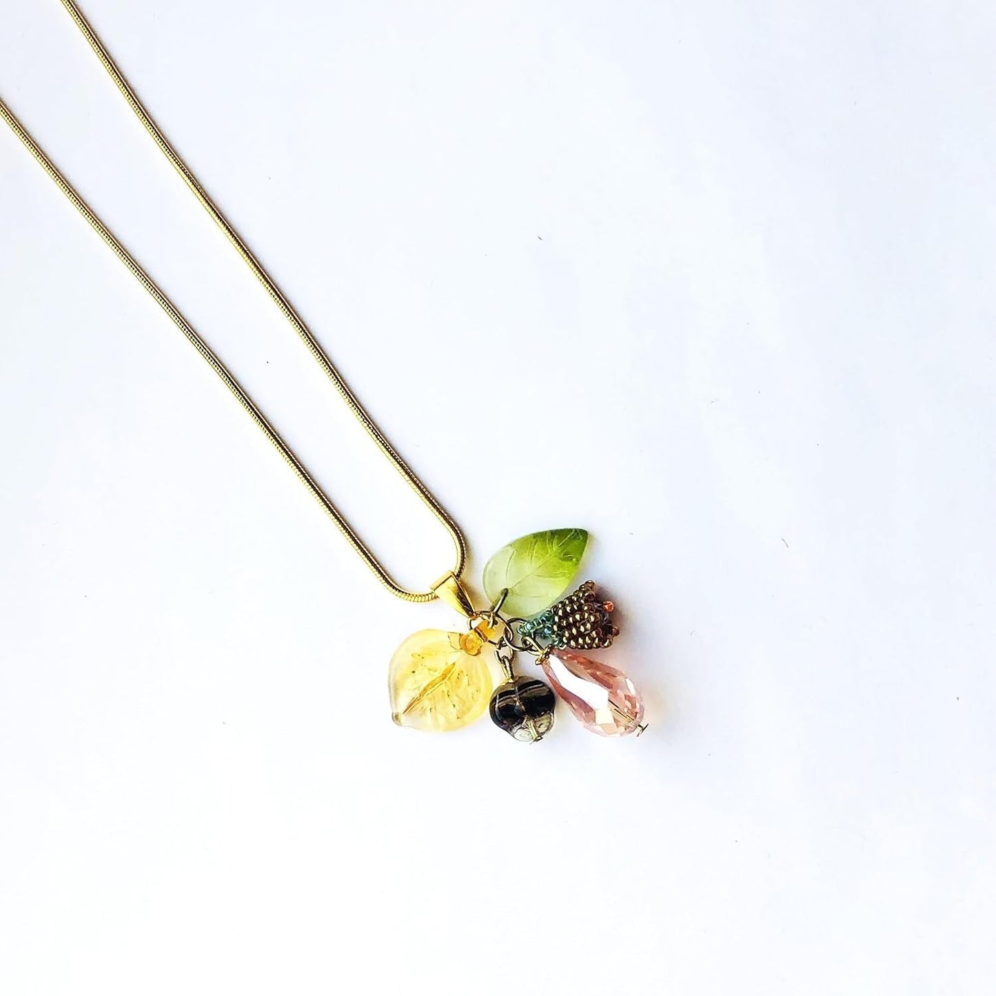 Beadwoven Lily Flower Cluster, Ombre Glass Leaf, Beige Pink Floral Crystal Briolette Pendant, Gold Filled Long Snake Chain