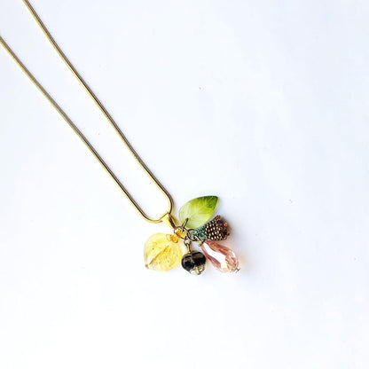 Beadwoven Lily Flower Cluster, Ombre Glass Leaf, Beige Pink Floral Crystal Briolette Pendant, Gold Filled Long Snake Chain