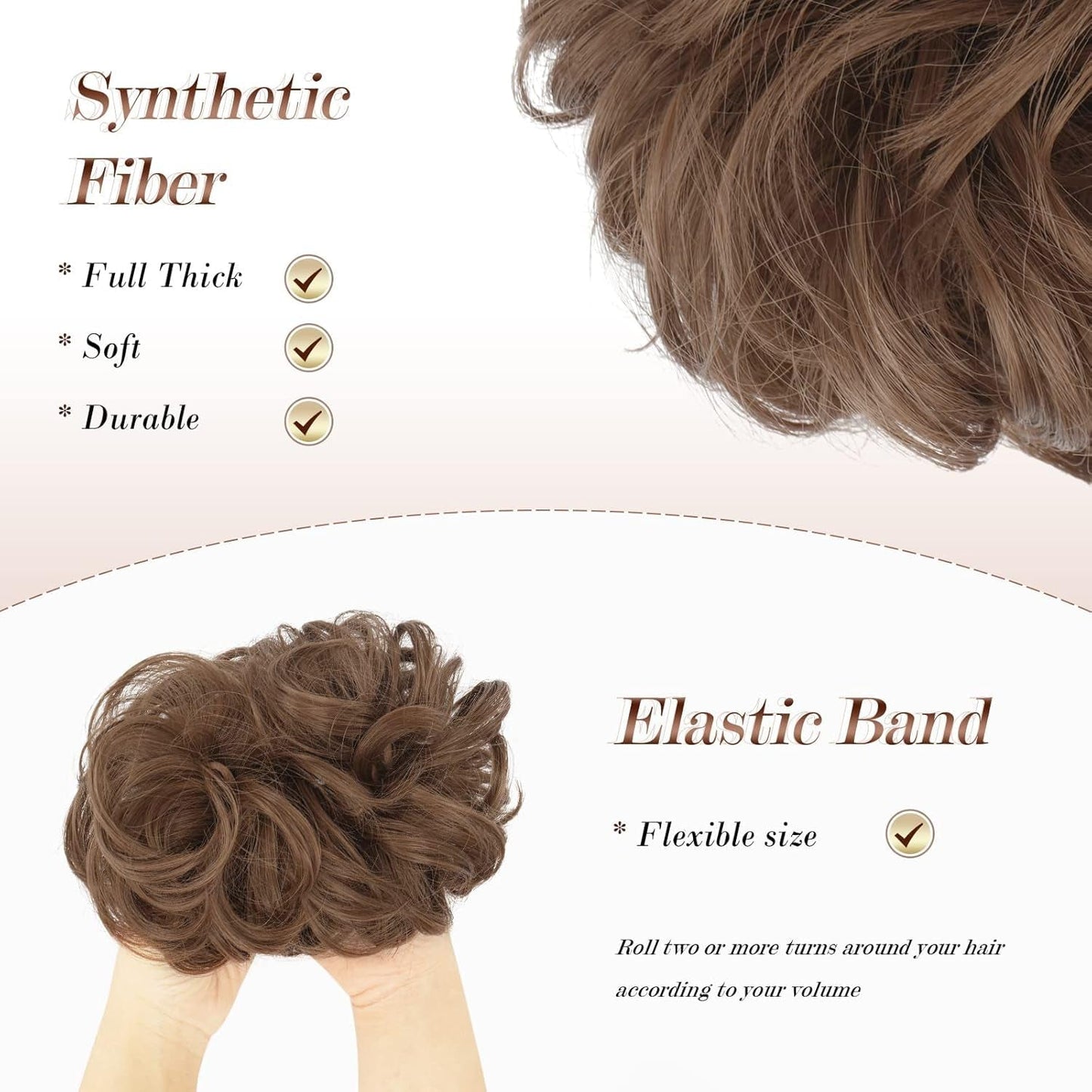 Messy Bun Hair Piece - Elastic Wavy Curly Hair Bun Scrunchies Extensions Synthetic Chignon Hairpieces for Women Girls, Light Golden Brown 1 PCS