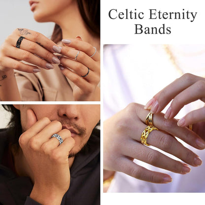Celtic Rings in Three Classic Style, Solid Stainless Steel Band Ring in Gold/Silver/Black Tone, Simple Celtic Knot Eternity Finger Ring for Friendnship Wedding Engagement Promise