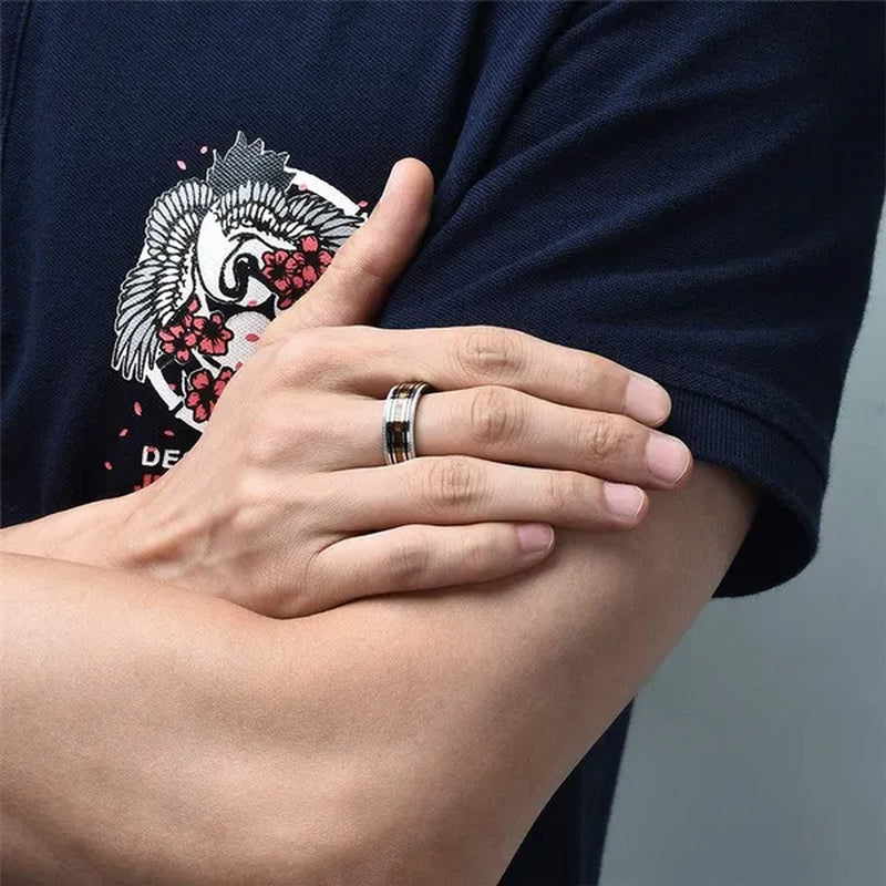 Luxury Jewelry Accessories Plus Size Mens Ring 8mm 316L Stainless Steel Wedding Ring Inlay Koa Wood Sawtooth Edge Titanium Steel Rings for Men