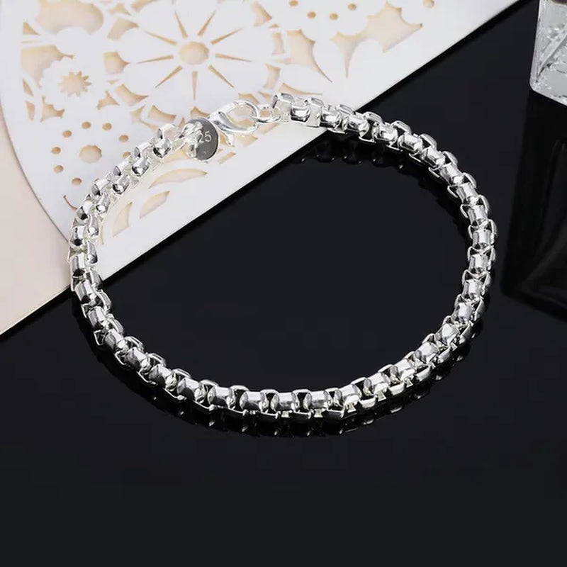 Solid 925 Sterling Silver Italian 5mm Square Rolo Link Round Box Chain Bracelet for Men Jewelry