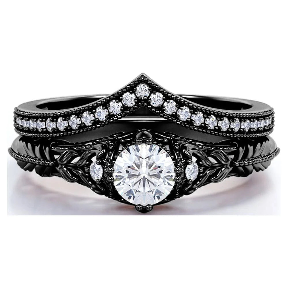 Engraved .68 Carat round Cut Real Diamond Victorian-Inspired Wedding Ring Set with Chevron Wedding Band in 10K Black Gold