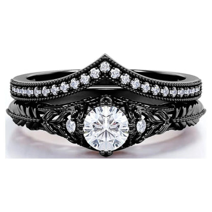 Engraved .68 Carat round Cut Real Diamond Victorian-Inspired Wedding Ring Set with Chevron Wedding Band in 10K Black Gold