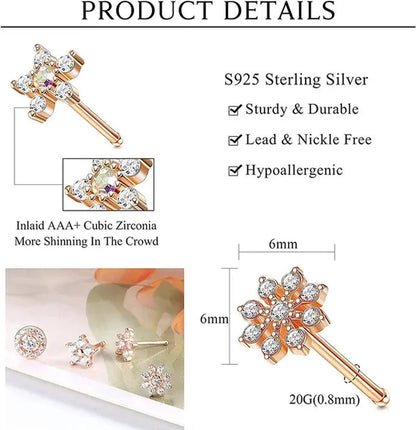 4-piece 925 Sterling Silver Women's Nose Nail 20G Nose Nail Inlaid with Cubic Zirconia Lovely Flower Star Shaped Nose Ring L-shaped Screw Rose Gold Nose Ring Anti Allergic Nose Jewelry