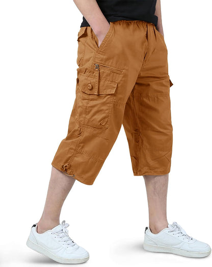 Men'S Cargo Shorts Casual Twill Elastic 3/4 Capri Pants below Knee Long Shorts with 7 Pockets