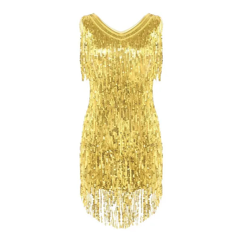 Women's Gowns V Neck Sparkling Sequin Tassels Rhythm Ballroom Salsa Samba Rumba Tango Latin Dance Dress