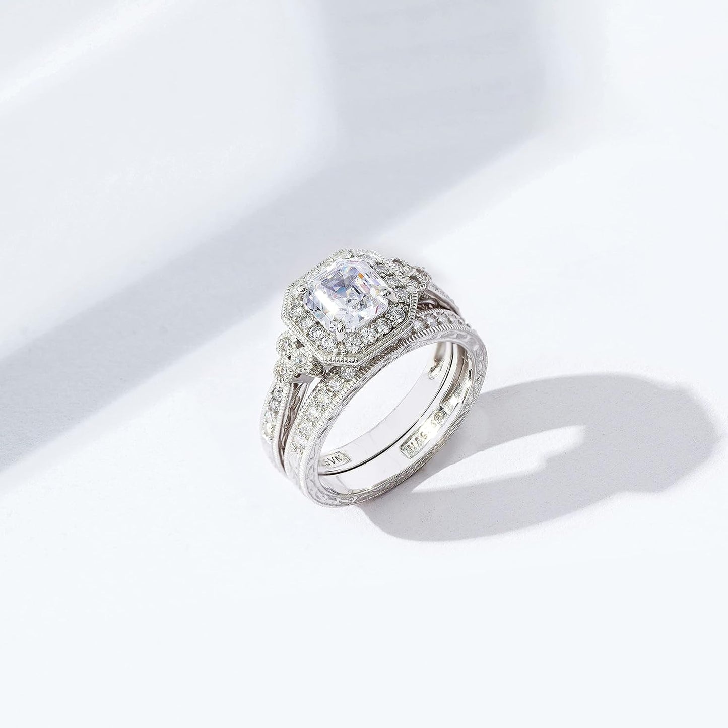 Platinum or Gold Plated Sterling Silver Antique Ring Set with Asscher-Cut Infinite Elements Cubic Zirconia (Previously Amazon Collection)