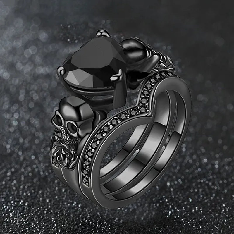 Gothic Black Rose Flower Skull Engagement Rings Set Red Purple Heart-Shaped Zircon Crystal Wedding Anniversary Holiday Gift Jewelry