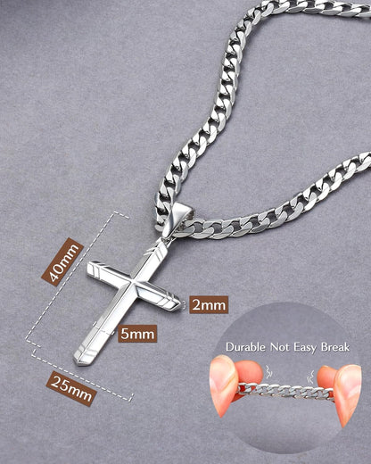 925 Sterling Silver Cross Necklace for Men Women, 5MM Durable Stainless Steel Non Tarnish Cuban Link Curb Chain with Silver Cross Pendant, Mens Cross Crucifix Necklaces Jewelry 16-30 Inches