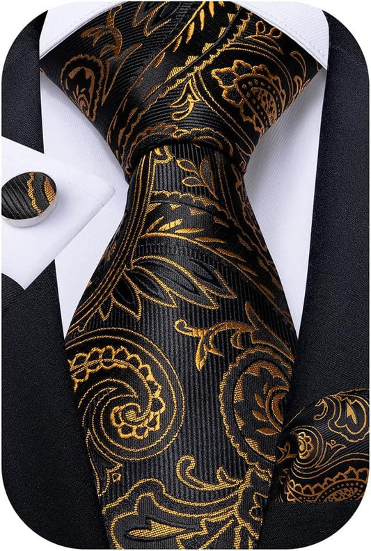 Mens Tie Set Silk Solid Paisley Necktie and Pocket Square Cufflinks Classic Formal Ties for Men Wedding Party - WORLD TIME VISITS
