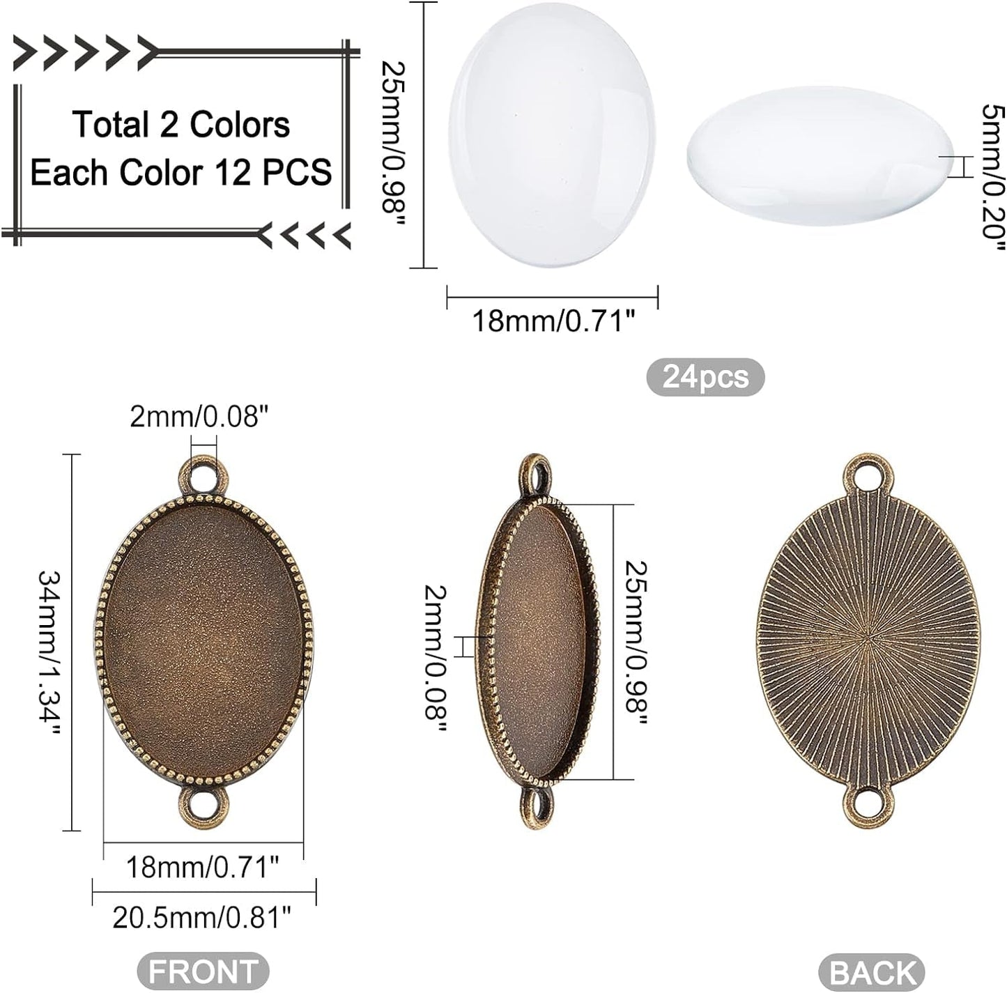 24Pcs Double Holes Photo Charms Connector Pendant Tray Blanks Bezel Cabochon Settings with 24Pcs Glass Cabochon Tiles Memorial Photo Pendant for Bouquet Wedding Graduation Photo Charm