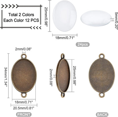 24Pcs Double Holes Photo Charms Connector Pendant Tray Blanks Bezel Cabochon Settings with 24Pcs Glass Cabochon Tiles Memorial Photo Pendant for Bouquet Wedding Graduation Photo Charm