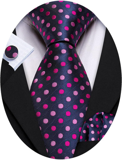 Men'S Tie Set Polka Dot Handkerchief Cufflinks Plaid Fashion Neckties Wedding Business