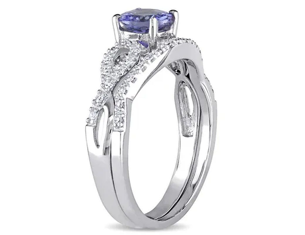 1.00 Carat (Ctw) Tanzanite Engagement Ring & Wedding Band in 10K White Gold with Diamonds