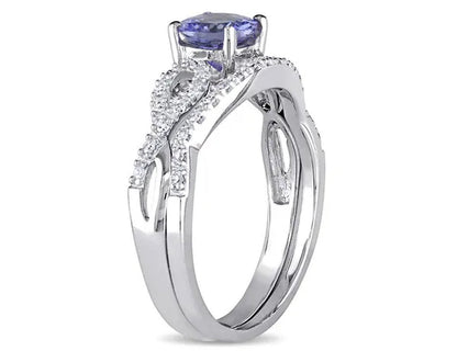 1.00 Carat (Ctw) Tanzanite Engagement Ring & Wedding Band in 10K White Gold with Diamonds