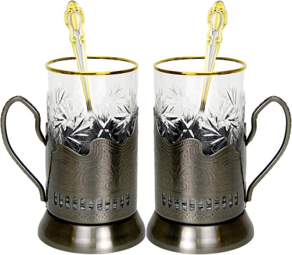 6-Pc Russian Tea Set, 24 Karat Gold Banded Tempered Crystal Glasses with Metal Glass Holders with Handles and Matching Teaspoons Vintage Design (2 Glass/Spoon/Holder) - WORLD TIME VISITS