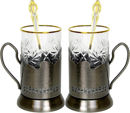 6-Pc Russian Tea Set, 24 Karat Gold Banded Tempered Crystal Glasses with Metal Glass Holders with Handles and Matching Teaspoons Vintage Design (2 Glass/Spoon/Holder) - WORLD TIME VISITS