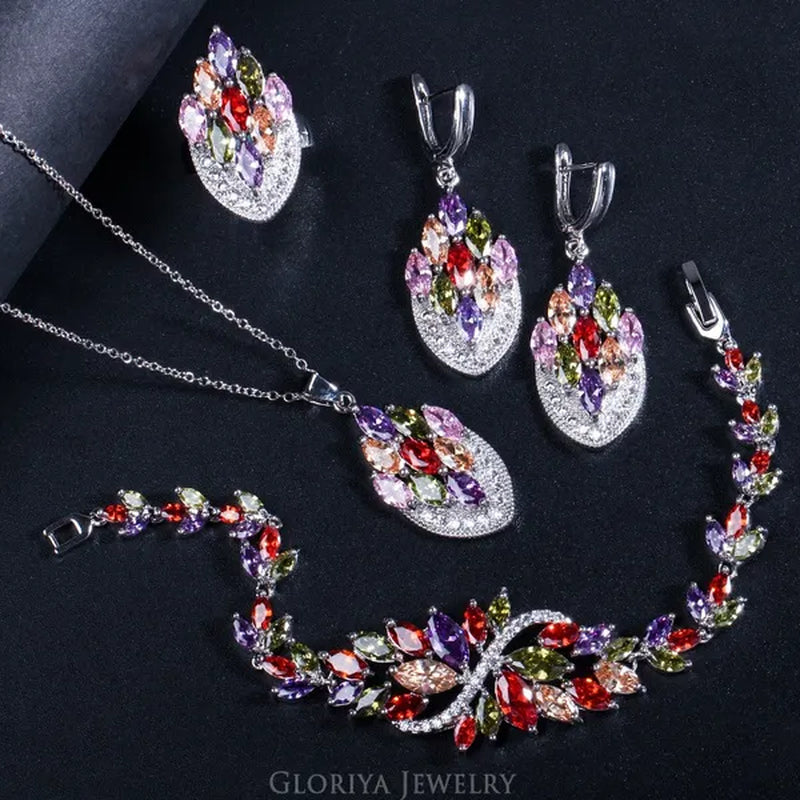 Gloriya Latest Fashion Women Christmas Party Silver Plated Jewelry Set Multicolor CZ Crystal Ring Earrings Bracelet Necklace 4 Pcs Jewelry Sets