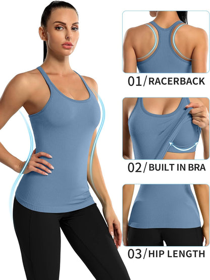 Ribbed Workout Tank Tops for Women with Built in Bra Tight Racerback Scoop Neck Athletic Top