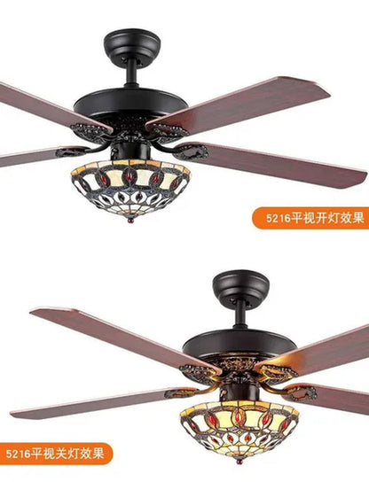 52" Ceiling Fan with Light, Tiffany Style Retro Stained Glass Chandelier Fan with Remote Control 4 Reversible Wood Blades 3-Speed