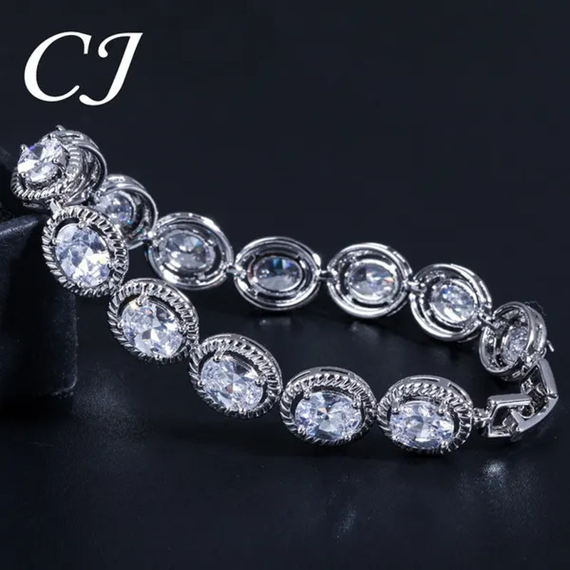 CANDICE European Clear Oval CZ Stone Necklace Earrings Tennis Bracelet Ring for Women Fashionable Sterling Silver Plated Plated Party Jewelry Set