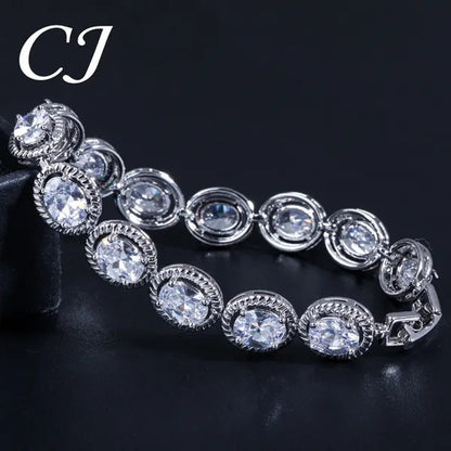 CANDICE European Clear Oval CZ Stone Necklace Earrings Tennis Bracelet Ring for Women Fashionable Sterling Silver Plated Plated Party Jewelry Set