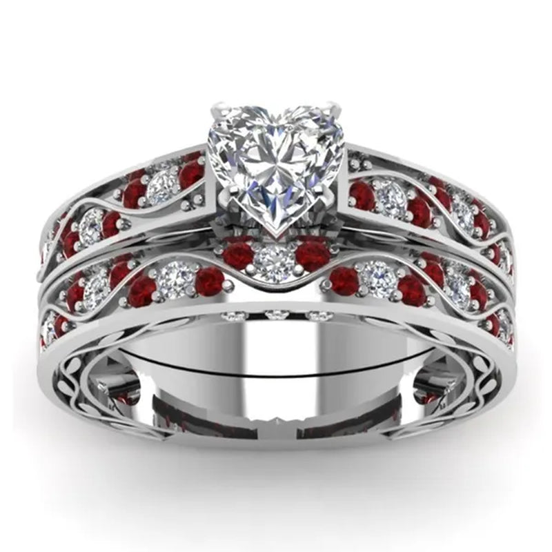 Exquisite Heart White Sapphire Wedding Ring Ruby Bridal Engagement Ring Set Wedding Band Anniversary Promise Jewelry Gift