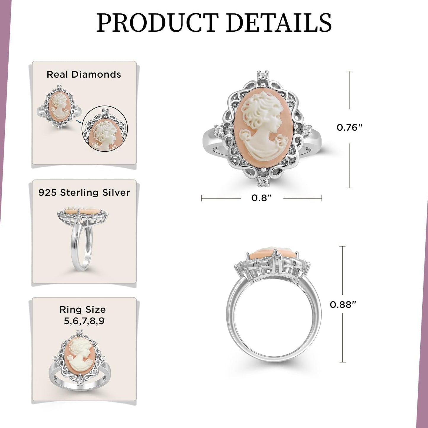 Pink or Blue Agate Cameo Ring in Sterling Silver with round Created White Sapphire