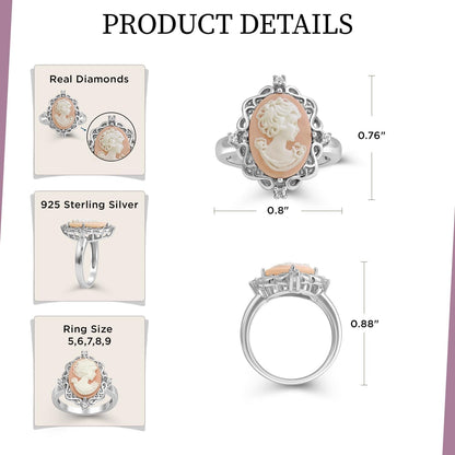 Pink or Blue Agate Cameo Ring in Sterling Silver with round Created White Sapphire