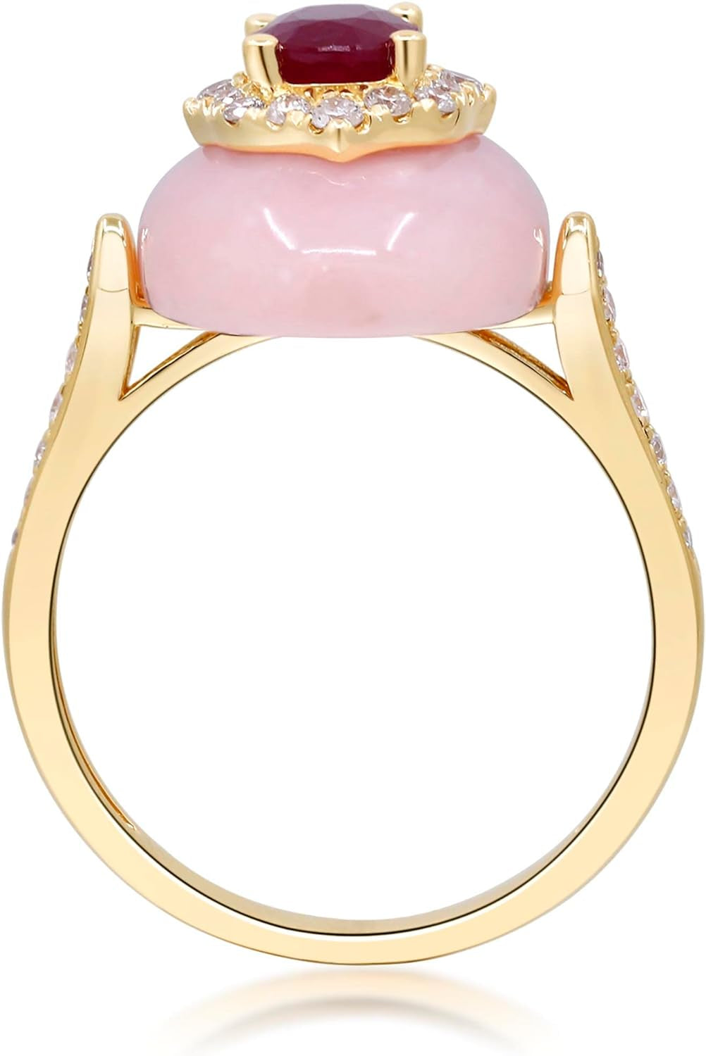 14K Yellow Gold Mozambique Genuine Ruby and Pink Opal Ring with Diamonds for Women | Ethically, Authentically & Organically Sourced (Oval-Cut) Shaped Ruby Hand-Crafted Jewelry for Her | Ruby Ring for Women