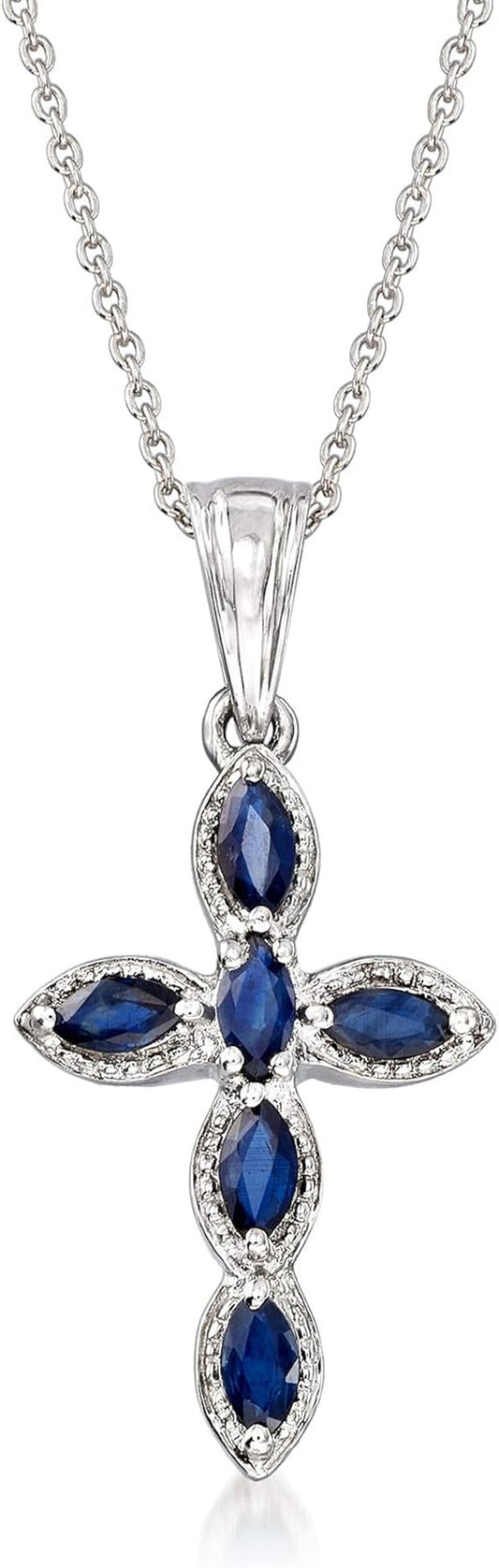 0.80 Ct. T.W. Sapphire Cross Pendant Necklace in Sterling Silver - WORLD TIME VISITS