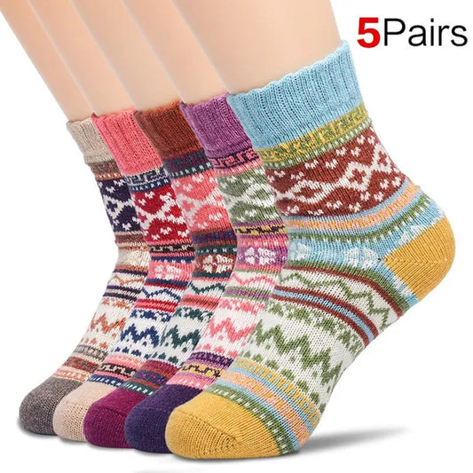 5Pairs Winter Knitting Cashmere Warm Cotton Soft Thicken Women Men Socks  Assorted Patterns Wool Sock For Men and Women