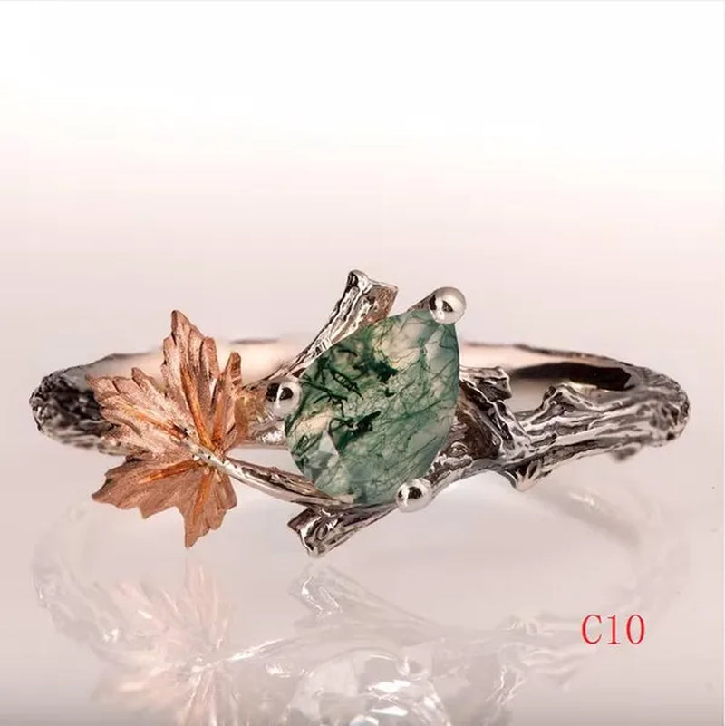 Vintage Maple Leaves & Flower Ring Set Antique Silver Women'S Fashion Twig Leaf Opal & Moonstone Ring Anniversary Gift Engagement Bridal Wedding Jewelry Rings Size 5-10