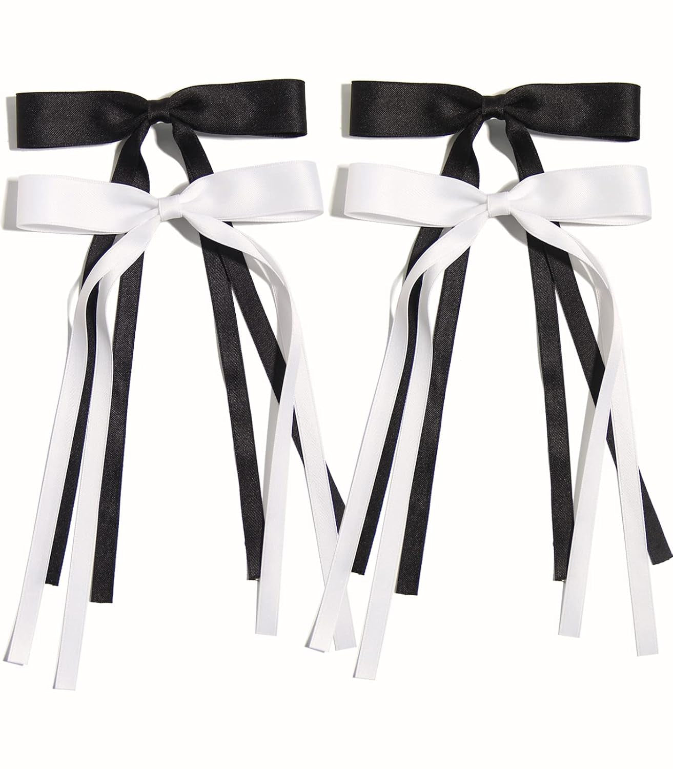 Tassel Ribbon Bowknot Hair Clips for Women - 4Pcs Barrettes with Long Tail, Solid Accessories for Girls, Claw Clips with Bow in Black and White